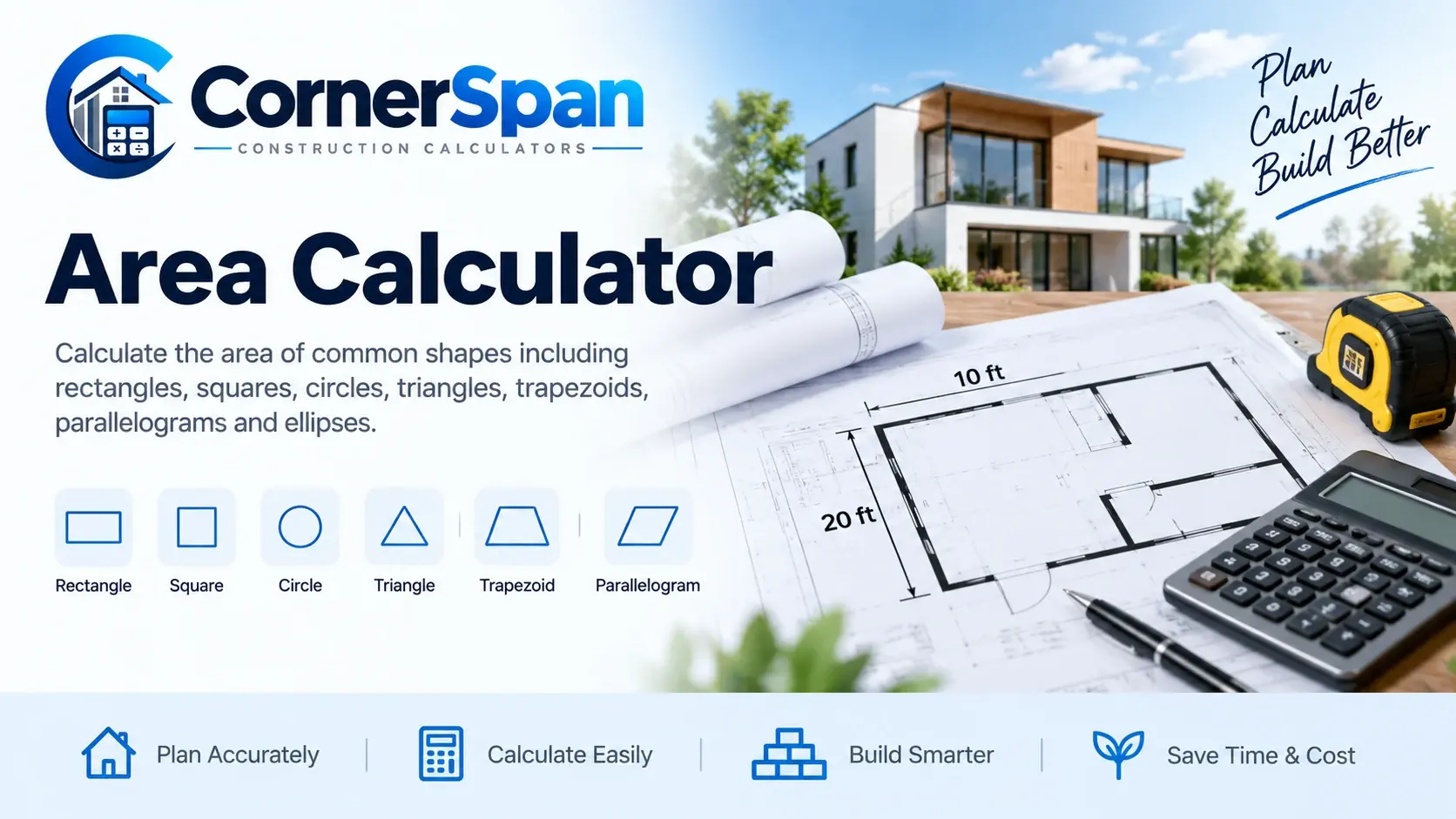 Area calculator for calculating square feet, square meters and other area measurements