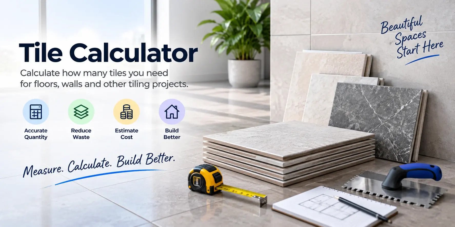 Tile Calculator for estimating tile quantity, boxes, waste and cost