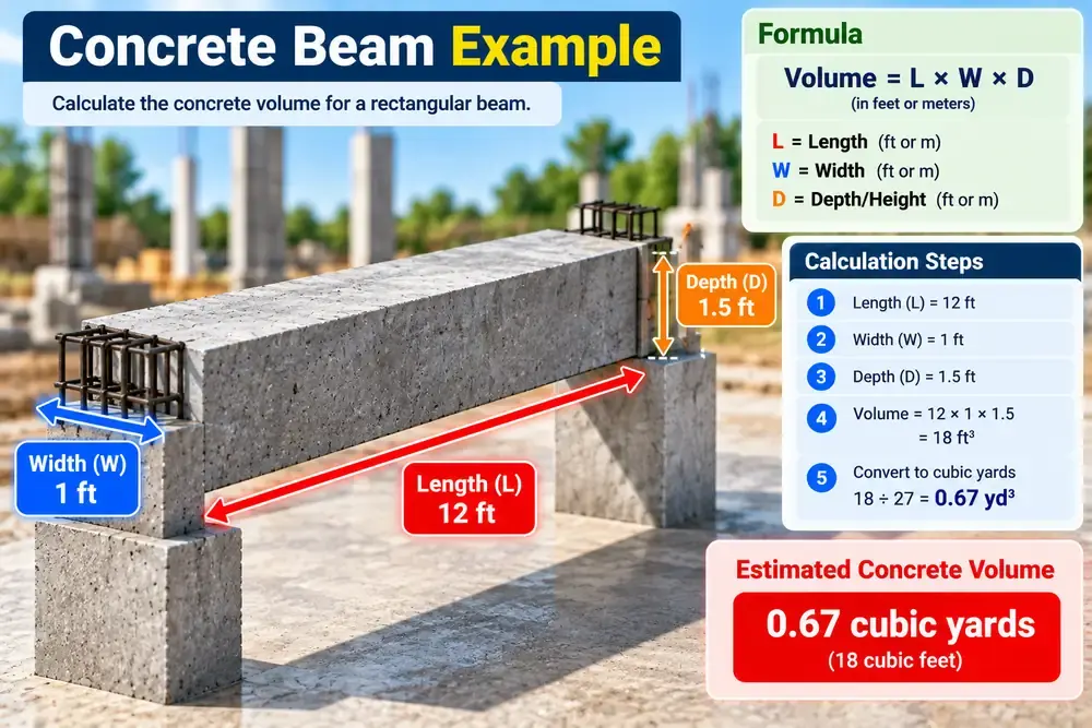 Rectangular concrete beam showing length, width and depth used in a volume calculation