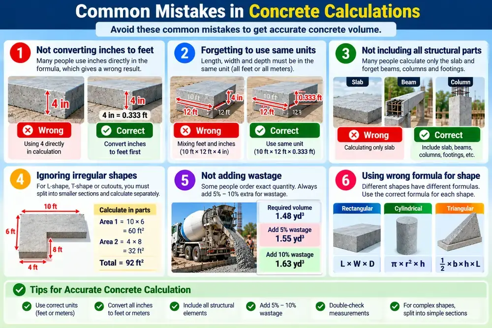 Concrete volume calculation mistakes including incorrect units and measurements