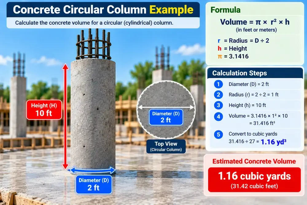 Circular concrete column diagram illustrating radius, diameter and height