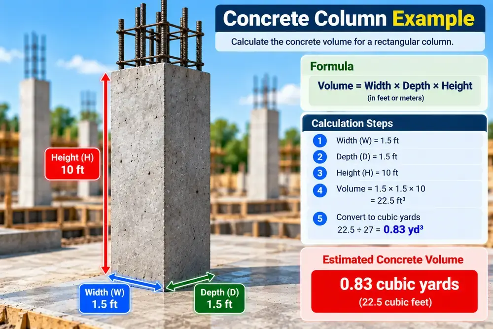 Rectangular concrete column showing width, depth and height for a volume calculation