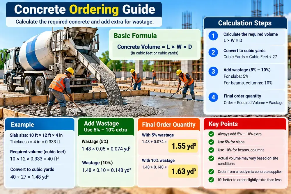 Concrete ordering guide illustrating the calculated volume and an additional allowance
