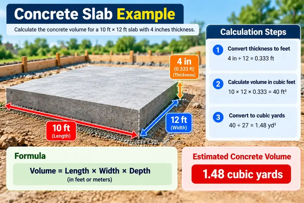 Worked concrete slab volume calculation example using length, width and four-inch thickness
