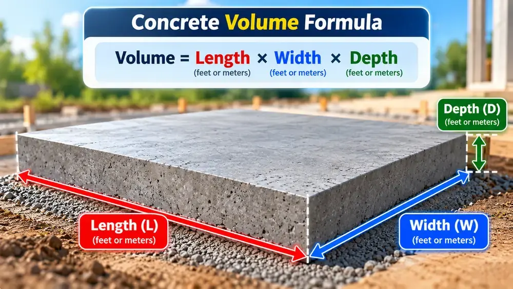 Concrete volume formula diagram showing length, width and depth of a rectangular concrete slab