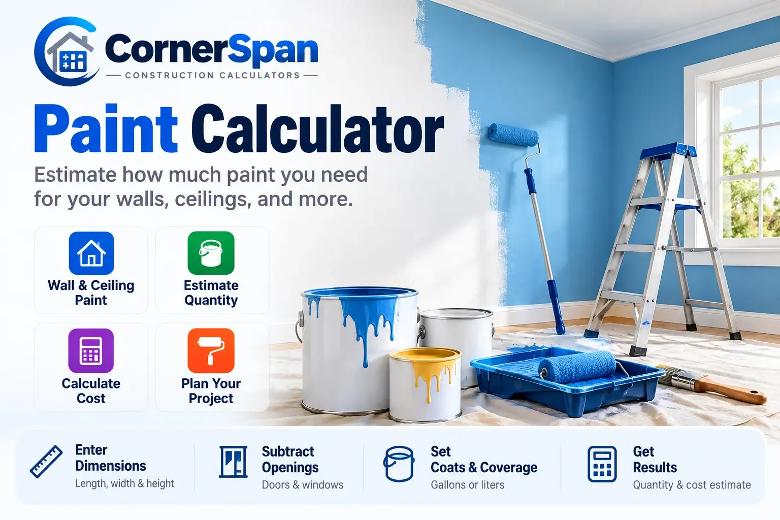Paint Calculator guide showing room painting, wall dimensions, paint coverage, and cost estimation