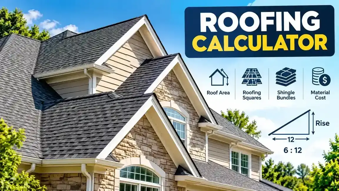 Residential roof with asphalt shingles illustrating roof area and pitch calculations