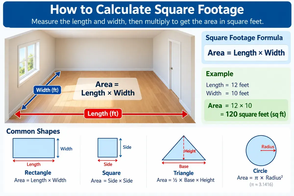 Square footage diagram showing room length, width, area formula, and common shape calculations