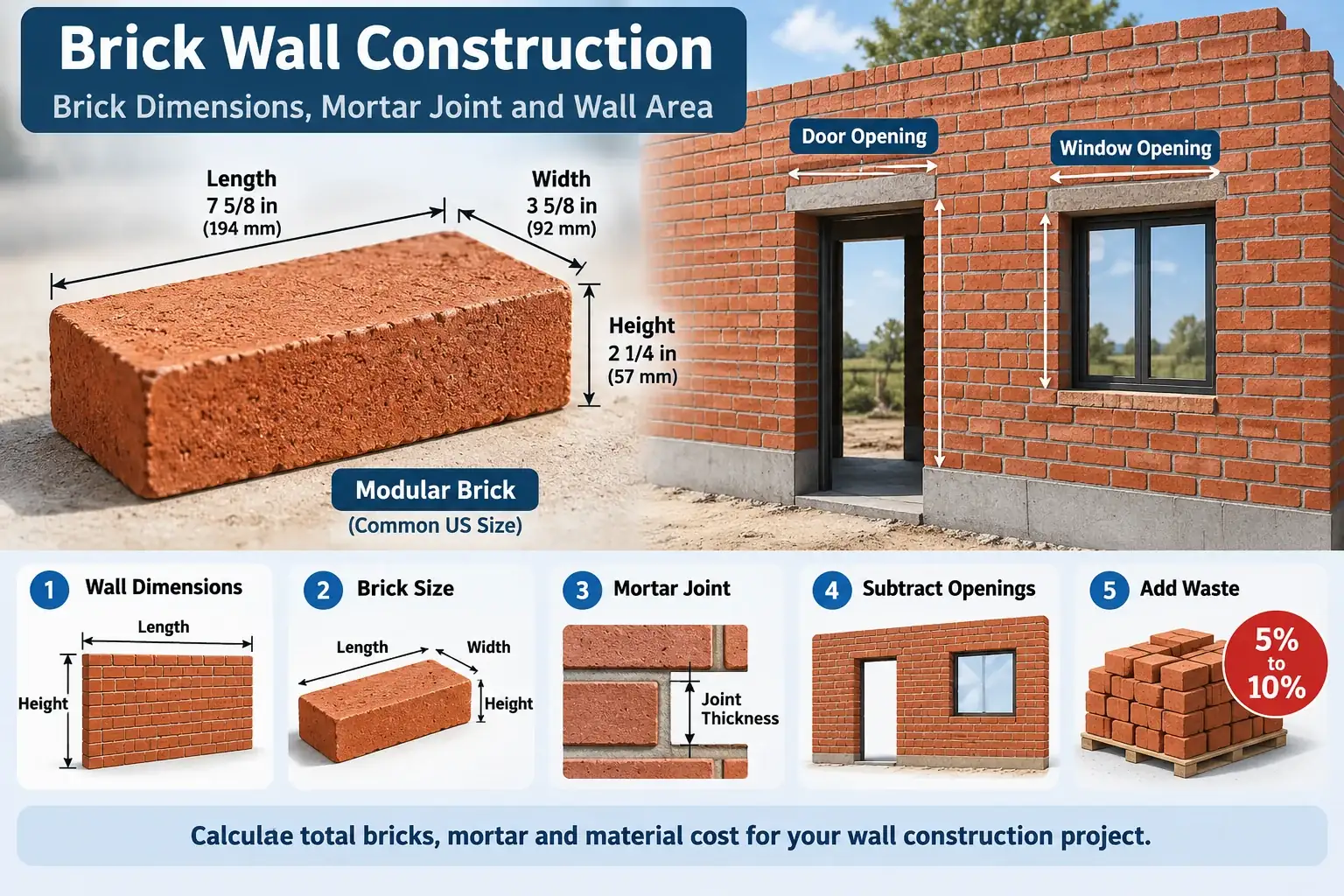 Brick wall construction diagram showing brick dimensions, mortar joints, wall openings, waste allowance, and brick quantity calculation