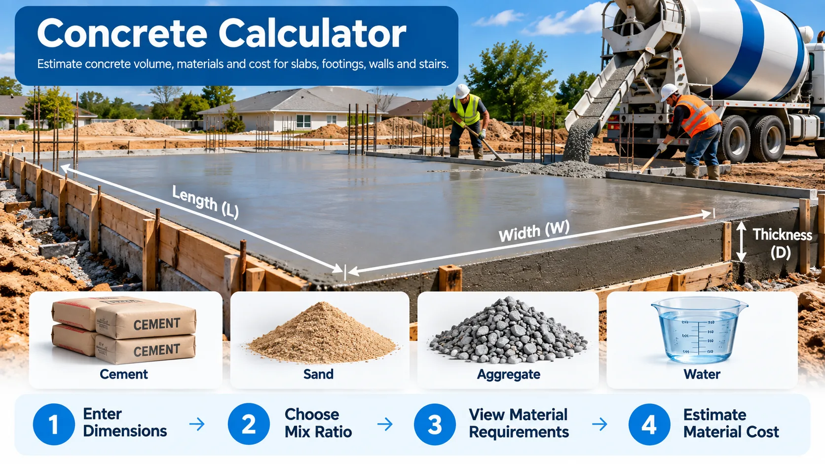 Concrete calculator infographic showing length, width, depth, concrete volume calculation, and material planning